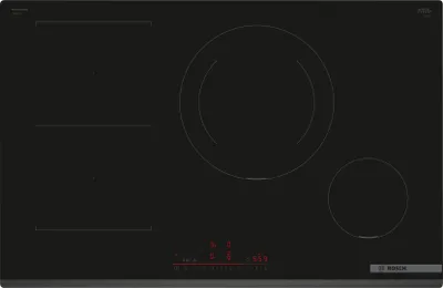 A top-down view of a black induction cooktop with red digital displays.