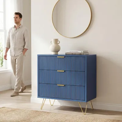 Image de Commode avec 3 tiroirs, couleur bleue, dimensions 60 x 40 x 70 cm, en MDF avec pieds en métal