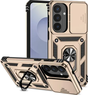 Produktbild von Galaxy S26+ Hülle mit Schiebe Kamera Schutz und Ringhalter Ständer Robust Rüstung Schutzhülle für Samsung Galaxy S26+ Gold