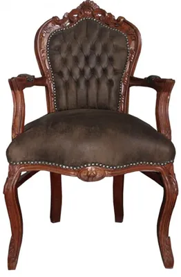 Produktbild von Casa Padrino Barock Esszimmer Stuhl mit Armlehnen Braun / Braun Lederoptik - Möbel