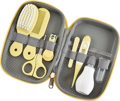 Produktbild von Baby-Pflegeset mit Haarbürste, Nagelknipser, Nasenreiniger, Finger-Zahnbürste, Schere, Neugeborenenpflege für Jungen und Mädchen, Gelb