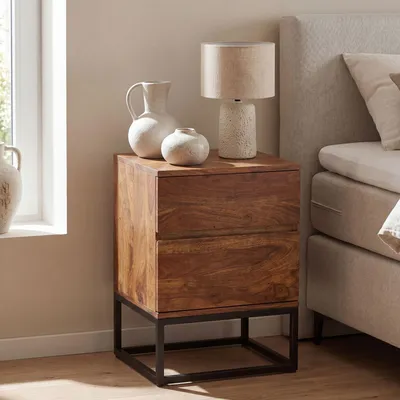 Produktbild von FineBuy Nachttisch Sheesham Massivholz mit Metallgestell und 2 Schubladen – Nachtkonsole im Industrial Design – Nachtkästchen für Boxspringbett