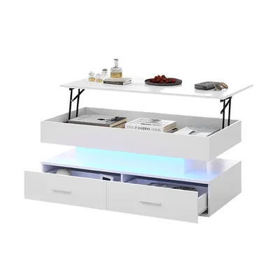 Produktbild von 100*50*44cm hydraulisch höhenverstellbarer Couchtisch, mit LED-Beleuchtung, Bluetooth-APP-Steuerung, 2 Schubladen und offenem Stauraum,Weißer