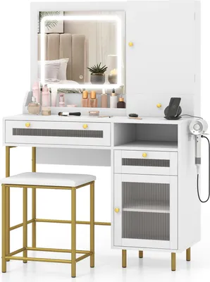 A white vanity table with a lighted mirror, drawers, a cabinet, and a stool, set against a white background.
