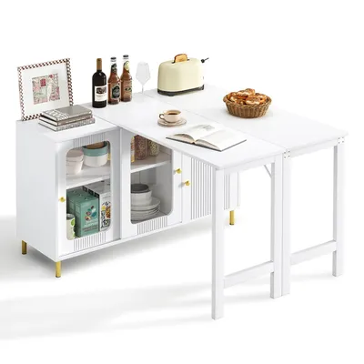 Productafbeelding van Modern buffetkast, wit, met een uitschuifbare/opklapbare tafelblad, draaibaar, met gouden poten, glazen schuifdeuren en een golfpatroon.
