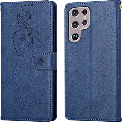 Produktbild von CLM-Tech Hülle kompatibel mit Samsung Galaxy S22 Ultra - Tasche aus Kunstleder - Klapphülle mit Ständer und Kartenfächern, schöne Frau Schmetterlinge, blau