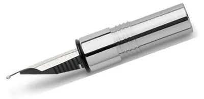 A close-up shot of a fountain pen nib and part of its barrel, isolated on a white background.