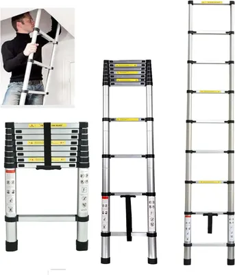 Produktbild von Teleskopleiter - Klappbare Haushaltsleiter - Länge 2,6 m - 9 Sprossen - Aluminium - Sprossenabstand 30 cm - Kompakt 72×48×9 cm