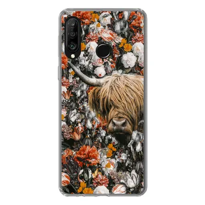 Produktbild von MuchoWow® Handyhülle Schutzhülle Hülle für Huawei P30 Lite Schottischer Highlander - Blumen - Orange Silikon Softcase Handy Hülle - Handyhülle