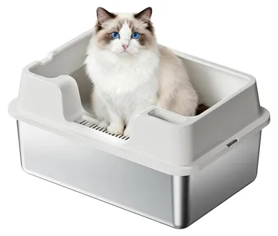 Image de Litière pour chat en acier inoxydable, dimensions 60 x 40 x 27 cm, grande et à demi-fermée