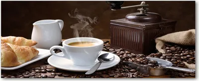 Produktbild von Tulup® Glas-Bild Wandbild aus Glas - 125x50 - Wandkunst - Wandbild hinter gehärtetem Sicherheitsglas - Dekorative Wand für Küche & Wohnzimmer  - Essen & Getränke - Croissants Kaffee - Braun