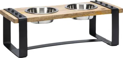 Produktbild von Designed by Lotte Karinto, Hund, Edelstahl, Holz, Schwarz, Braun, Edelstahl, Kombinierter Futterautomat mit Tränke für Haustiere, Einfarbig, 440 mm