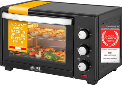 Produktbild von TZS First Austria Minibackofen 30L mit Umluft, 1600W, bis 230°C, 60 Min Timer, Innenbeleuchtung, Backofen, Doppelglastür, Mini Ofen mit Krümelblech, 3 Einschubhöhen, Pizzaofen, Schwarz