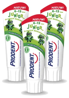 Imagen del producto de 3 tubos de pasta dental para niños Prodent, protector del esmalte, para mayores de 6 años, 75 ml cada uno, pack de 3 unidades