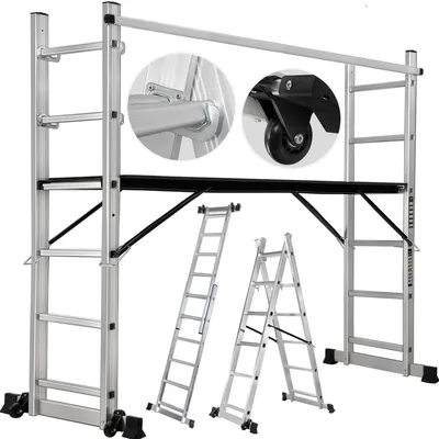 Produktbild von Craftfull Leitergerüst CF-103A | 4in1 Multigerüst aus Aluminium - Multifunktion - Anti-Rutsch-Rollen - Gerüst - Bis 150 Kg (1.68 Meter 6 Sprossen)