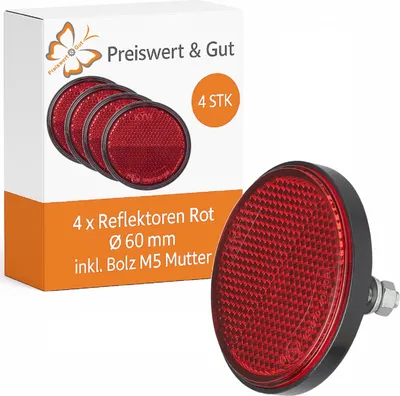 Produktbild von 4x Rund Reflektor Anhänger Ø60mm Rot – Reflektoren inkl. Bolz M5 Mutter Unterlegscheibe Katzenaugen Seitenreflektoren
