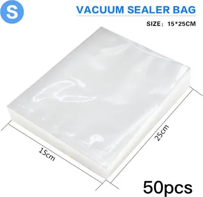 A stack of clear vacuum sealer bags on a white background.