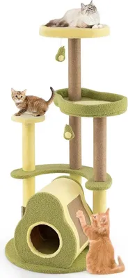 Image de Avocado Design - Arbre à chat et arbre à grimper - 3 niveaux - Bois - Niche pour chat - Jouets, brosse de toilettage et griffoir - Vert