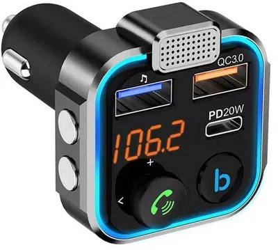 Immagine prodotto di Adattatore Bluetooth con funzione trasmettitore per auto, wireless, 2 porte USB, funzione di ricarica rapida, QC3.0, funzione vivavoce