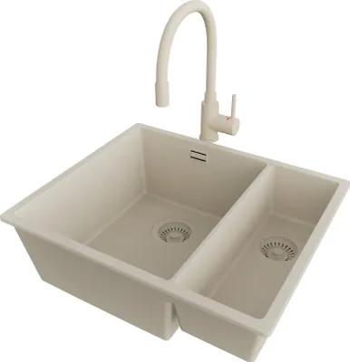 Produktbild von PRIMAGRAN Unterbauspüle Granit Beige 56x47cm, Spülbecken 1,5 Becken + Küchenarmatur 38x14cm + Ablauf-Set, Granitspüle ab 60er Unterschrank - London Duo