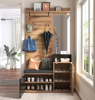 Produktbild von Flieks Flurgarderobe set Garderoben-Set mit Spiegel, Wandgarderobe mit Haken, Schuhbank mit Sitzfläche, Flurgarderoben Set, 104x38.5x190cm, Schwarz