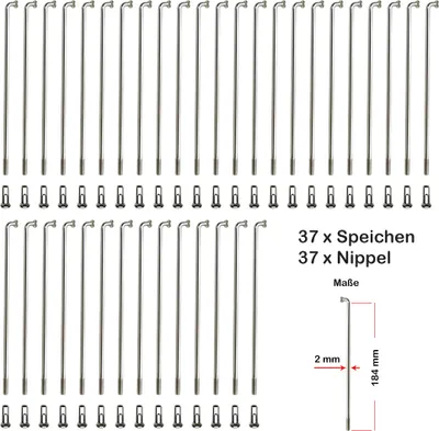 Produktbild von 37 Stück Speichen 184mm Spokes silber NIROSTA 2mm inkl. Messing Speichennippel