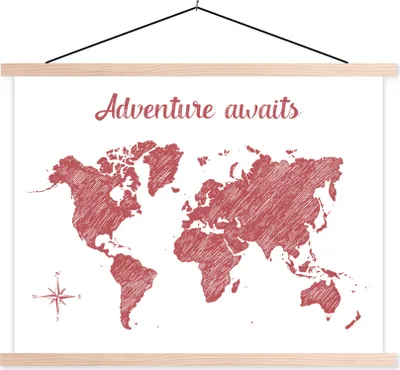 Produktbild von MuchoWow® Textilposter Weltkarte - Rot - Weiß 40x30 cm mit holzfarbenen Rahmen - Bilder