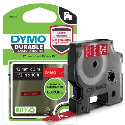 Produktbild von DYMO Original D1 Hochleistungs-Etikettenband | weiß auf rot | 12 mm x 3 m | permanent haftendes Vinyl-Schriftband | für LabelManager-Beschriftungsgerät