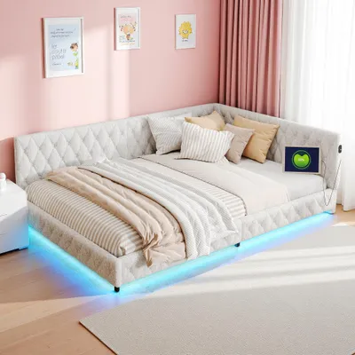 Produktbild von UnboxG 140x200 cm Schlafsofa aus Teddyplüsch – Beige, LED-Licht am Bettboden, Kopfteil mit USB-Ladefunktion, Multifunktionales Sofa- & Gästebett