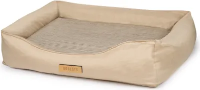 A beige dog bed with a gray striped cushion is shown from a slightly elevated side angle against a white background.