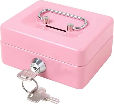 Produktbild von Geldkassette abschließbar - mit Schlüssel/Münzfach - 150x120x80 mm - Kleine Geldkassette Metall - Geldbox mit Schloss - Bargeld Tresor - Rosa