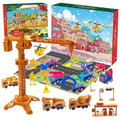 Produktbild von Adventskalender 2026 Kinder Baufahrzeuge 24-tlg. Konstruktionsspielzeug mit Kran, Bagger, Planierer, Lernspielzeug Geschenk ab 6 Jahre