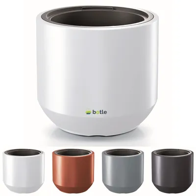 A large white planter pot with a dark gray inner liner, shown from a front-facing angle. Below the main product image, four smaller pots in different colors (white, copper, gray, and dark gray) are displayed in a row.