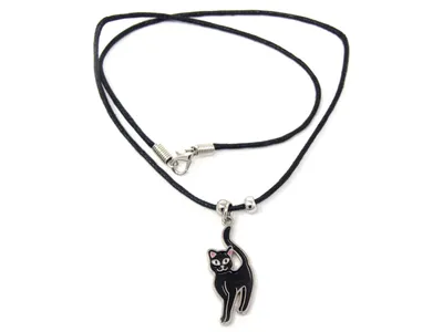 Produktbild von Wachskordelhalskette - schwarze Katze aus Metall