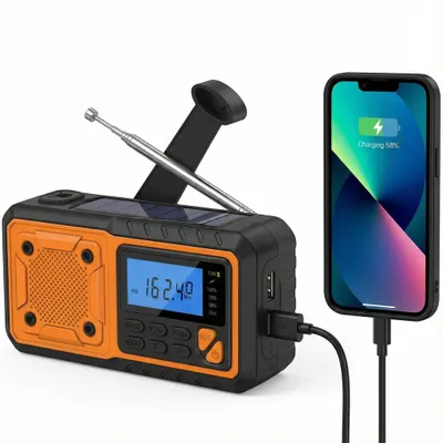Produktbild von AIORBER Tragbares Notfallradio mit LED Taschenlampe, SOS-Alarm, Handkurbel, Solaraufladung, USB-Port, FM/AM/WB Empfang, Kompakte Größe - Orange