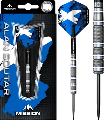 Imagen del producto de Dardo Mission Alan Soutar, color azul y blanco, 90% de tungsteno. (Marca: Steeldarts)