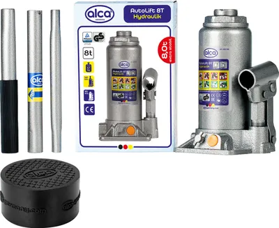 Obrázok produktu pre alca® Hydraulický zdvihák 8 t výška zdvihu 185-360 mm + gumová podložka M - sada pre SUV, dodávky a obytné vozidlá, dvojitý piest, certifikát GS a presné nastavenie výšky, protišmykový