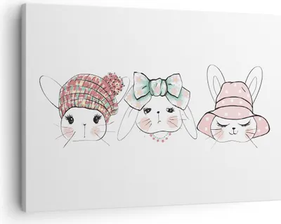 Produktbild von Bild auf Leinwand - Leinwandbild - Bunnys Hüte Illustration Kinder - 70x50cm - Wand Bild - Wanddeko - Leinwanddruck - Bilder - Kunstdruck - Wanddekoration - Leinwand bilder - Wandkunst - AA70x50-2852