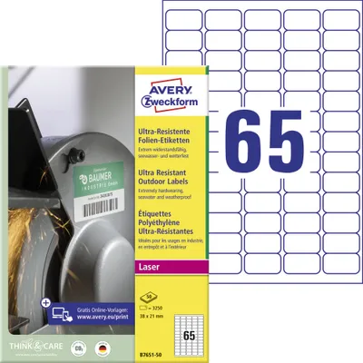 Produktbild von Avery Zweckform B7651-50 Ultra-Resistente Folien-Etiketten, 38 x 21 mm, 50 Bogen/3.250 Etiketten, weiß