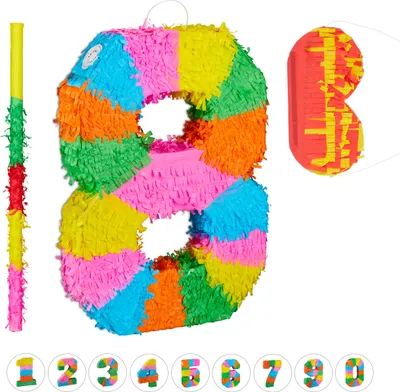 Produktbild von 3 tlg. Pinata Set Geburtstag, Zahl 8, Pinatastab mit Augenmaske, Kinder & Erwachsene, Piñata zum selbst Befüllen, bunt