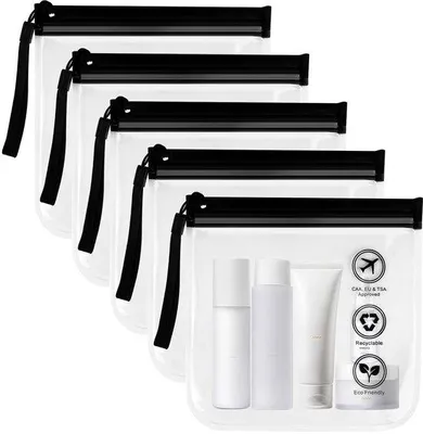 Produktbild von Reisbeutel Set aus 5 transparenten Flugzeugbeuteln, 20x20cm, Flughafen-, Reisekosmetikbeutel, Wasserfest und leckfrei