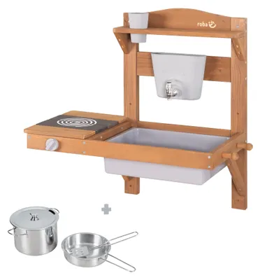 Image de Cuisine de jeu pour enfants Roba, à suspendre - Cuisine de jeu d'extérieur fonctionnelle avec distributeur d'eau et accessoires - Bois, finition teck