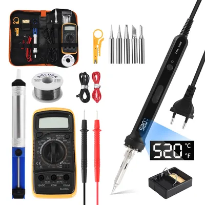 Image de Kit de fer à souder - Station de soudure électrique 100W - Température réglable avec LED - 220V - 5 embouts de soudure et pompe à décapage - Multimètre numérique - Noir