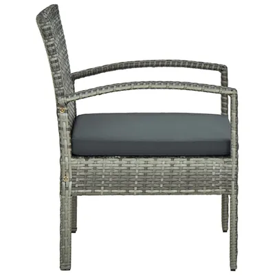 A side view of a gray rattan garden chair with a dark gray cushion.