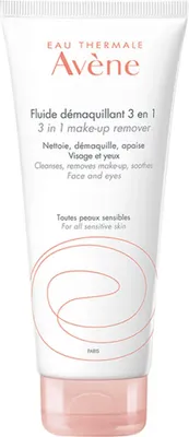 A white tube of Avène 3 in 1 make-up remover with pink accents and text.