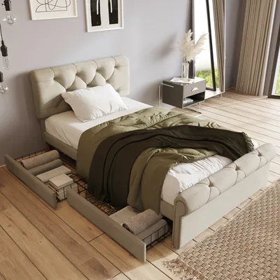Obrázok produktu pre Flieks Čalúnená posteľ 90x200 cm s lamelovým roštom, úložná posteľ s 2 zásuvkami a nastaviteľným čelom, rošt postele Detská posteľ