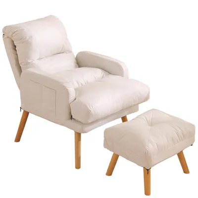 Immagine prodotto di Poltrona reclinabile con poggiapiedi, schienale regolabile in 5 posizioni, rivestimento removibile e lavabile, tasca laterale, poltrona imbottita per soggiorno, color beige