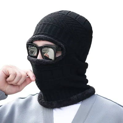 Produktbild von Männer Hut Einfarbig Plüsch Futter Herbst Winter Warme Strickmütze Schal Gesichtsbedeckung für Outdoor-Schwarz