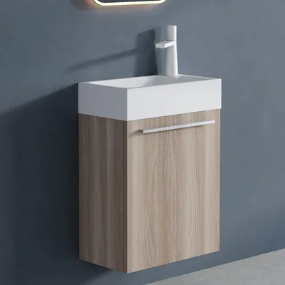 Image de doporro Petit Meuble sous Vasque Chêne Blanc Clair et Vasque 46cm Ensemble de 2 Pièces de Meuble de Salle de Bain Design Pisa