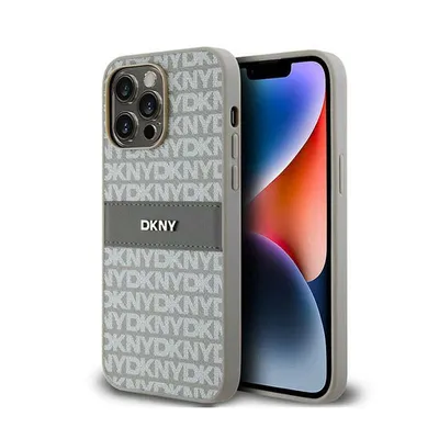 Produktbild von DKNY DKHCP14XPRTHSLE iPhone 14 Pro Max 6,7" Beige Hartschalen-Lederhülle mit einfarbigem Streifen und Metalllogo